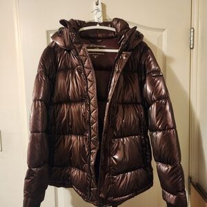 NWT BCBGeneration Feather Free Hooded Puffer Jacket XL in Liquid Raisin